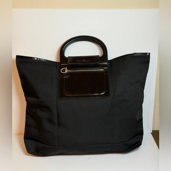 Salvatore Ferragamo Handbags - Salvatore Ferragamo Gancini Hand Bag in Black Nylon with Black Leather Trim